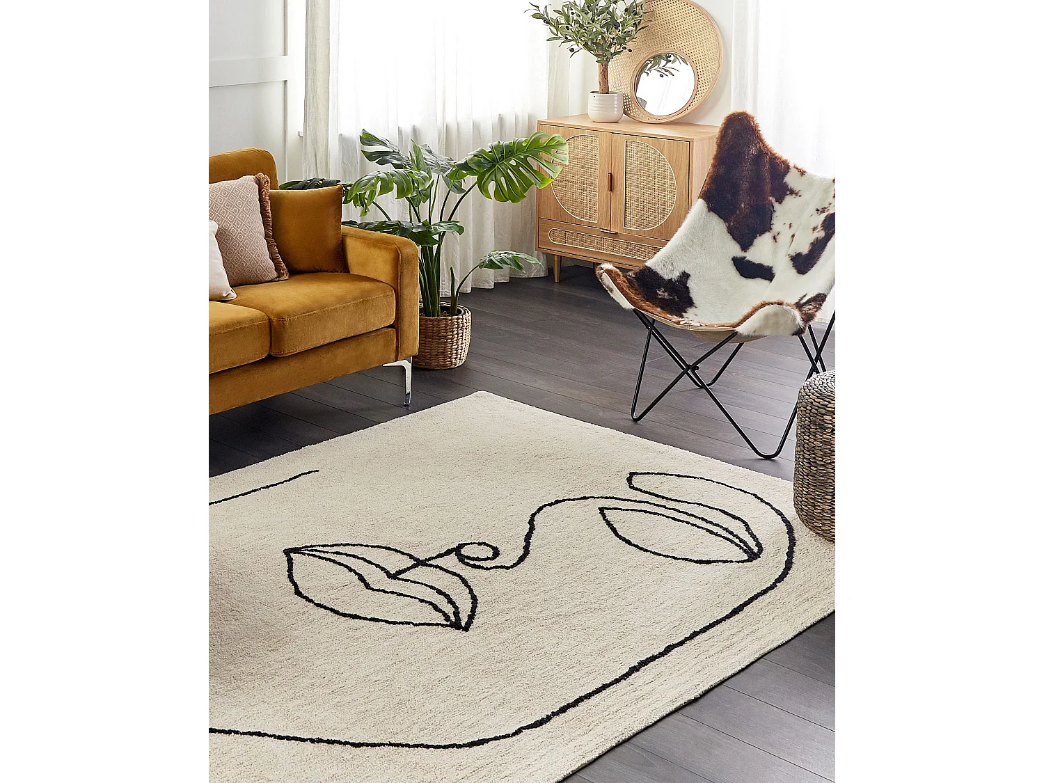 Teppich Baumwolle beige 160 x 230 cm Gesichtsmotiv Kurzflor BAYIR