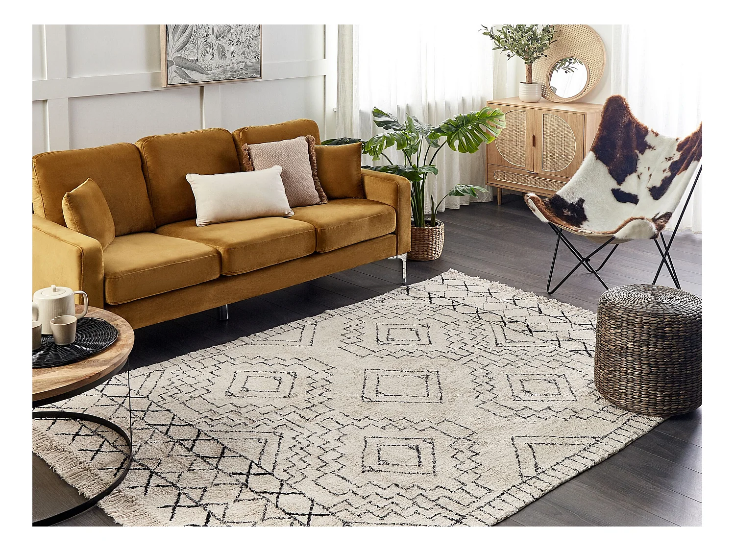 Baumwollteppich Beige und Schwarz Aztekenmuster Modern Vintage 140 x 200 cm Zeyne