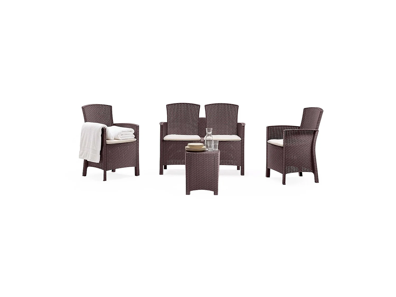 Ensemble de salon d'extérieur Dkresi, Ensemble de jardin avec coussins, Ensemble de salon d'intérieur effet rotin, 100% Made in Italy, Marron