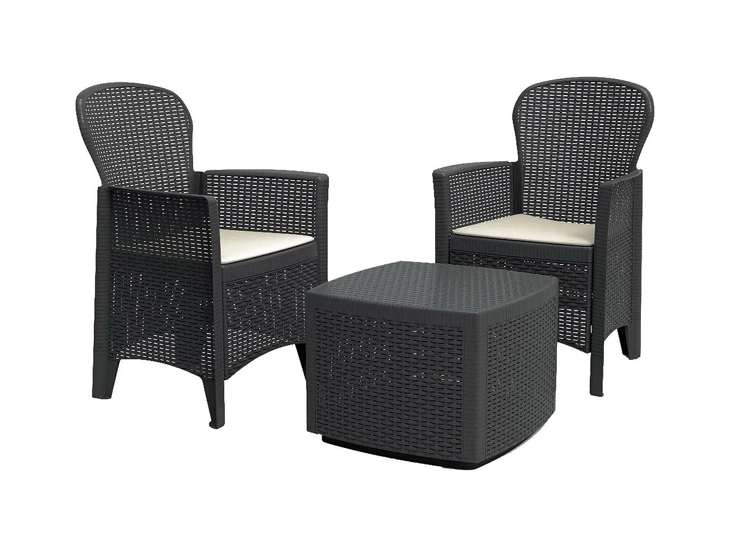 Salón de Jardín Dakain, Conjunto de jardín con 2 sillones y 1 mesa container, Zona de estar efecto Rattan, 100% Made in Italy, Antracita