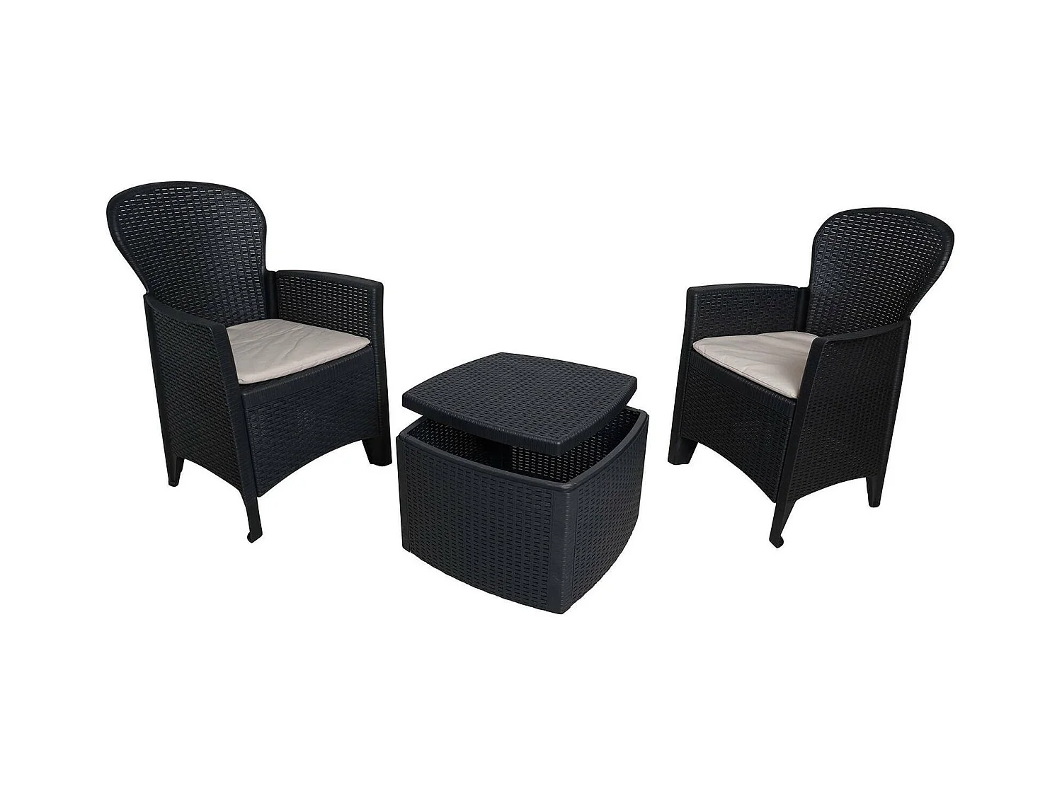 Salón de Jardín Dakain, Conjunto de jardín con 2 sillones y 1 mesa container, Zona de estar efecto Rattan, 100% Made in Italy, Antracita