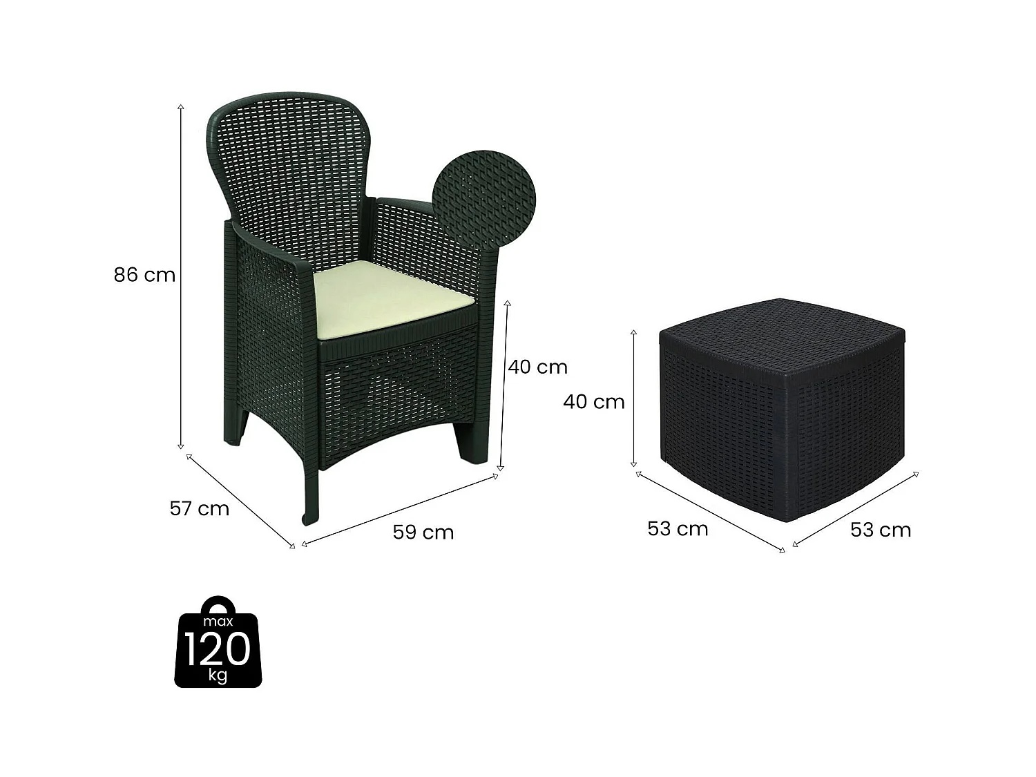 Set salon d’extérieur Dakain, Salon de jardin composé de 2 fauteuils et 1 table conteneur, Salon effet rotin, 100% Made in Italy, Anthracite
