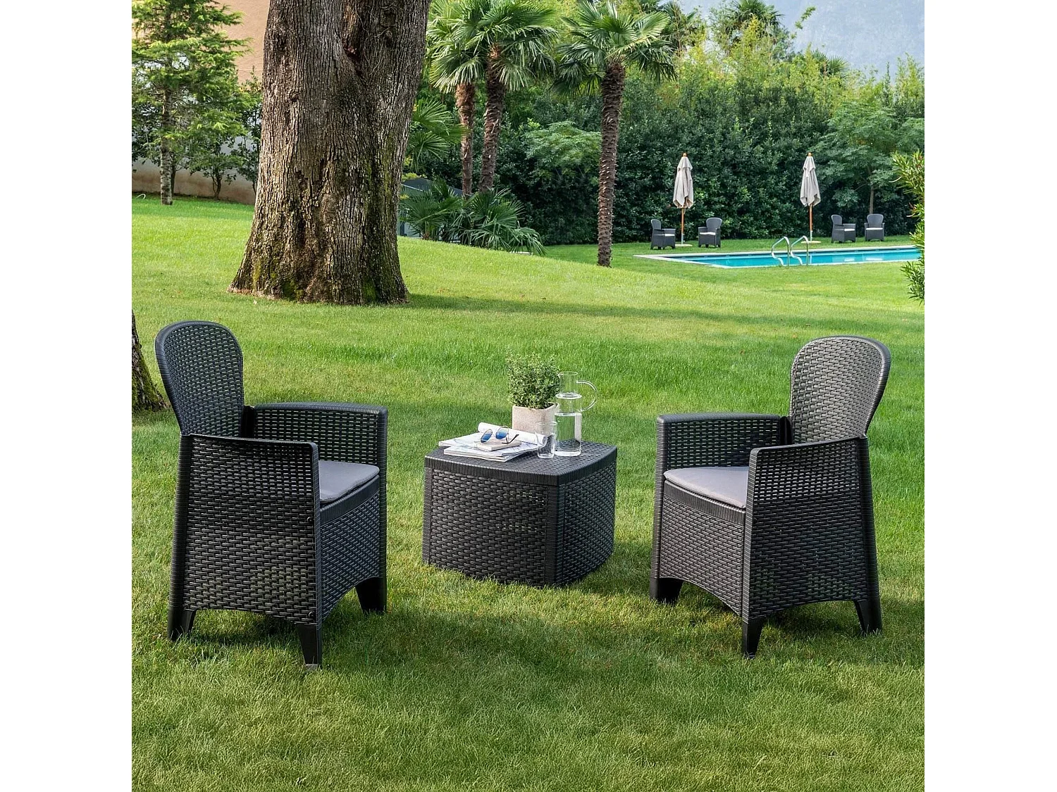 Dakain buitenloungeset, Tuinset met 2 fauteuils en 1 opbergtafel, Lounge met rotaneffect, 100% Made in Italy, Antraciet