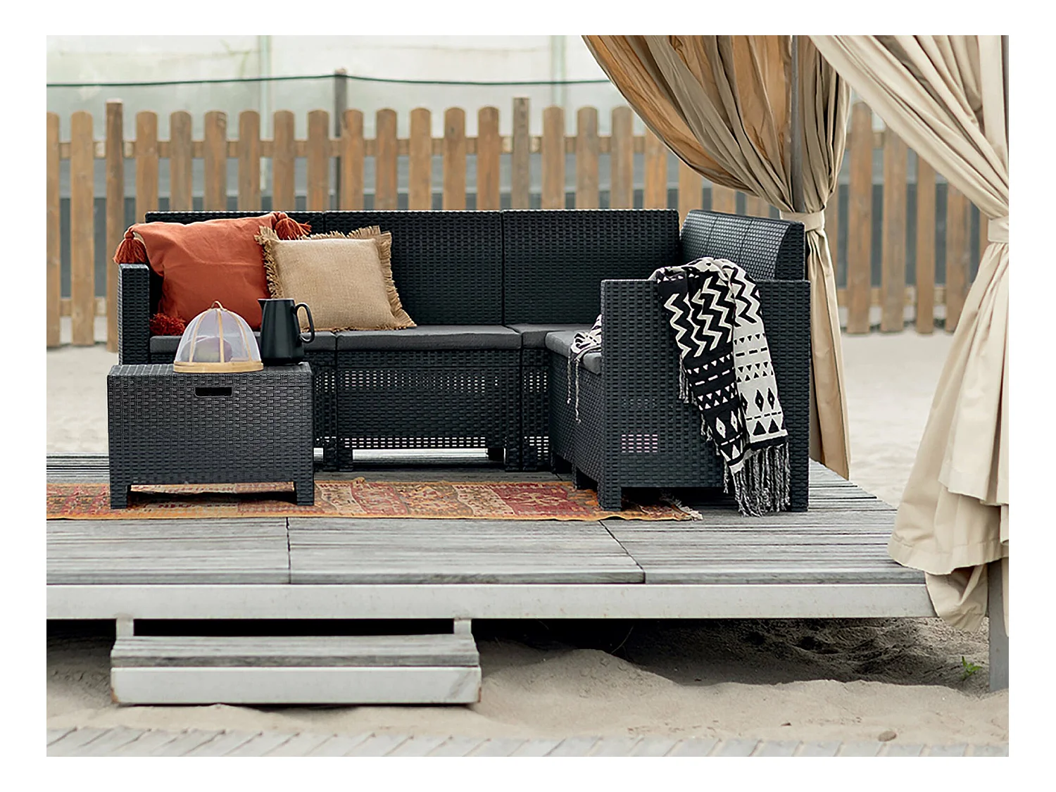 Conjunto de salón exterior Dcorre, Conjunto de jardín con cojines, Conjunto de salón interior efecto ratán, 100% Made in Italy, Antracita