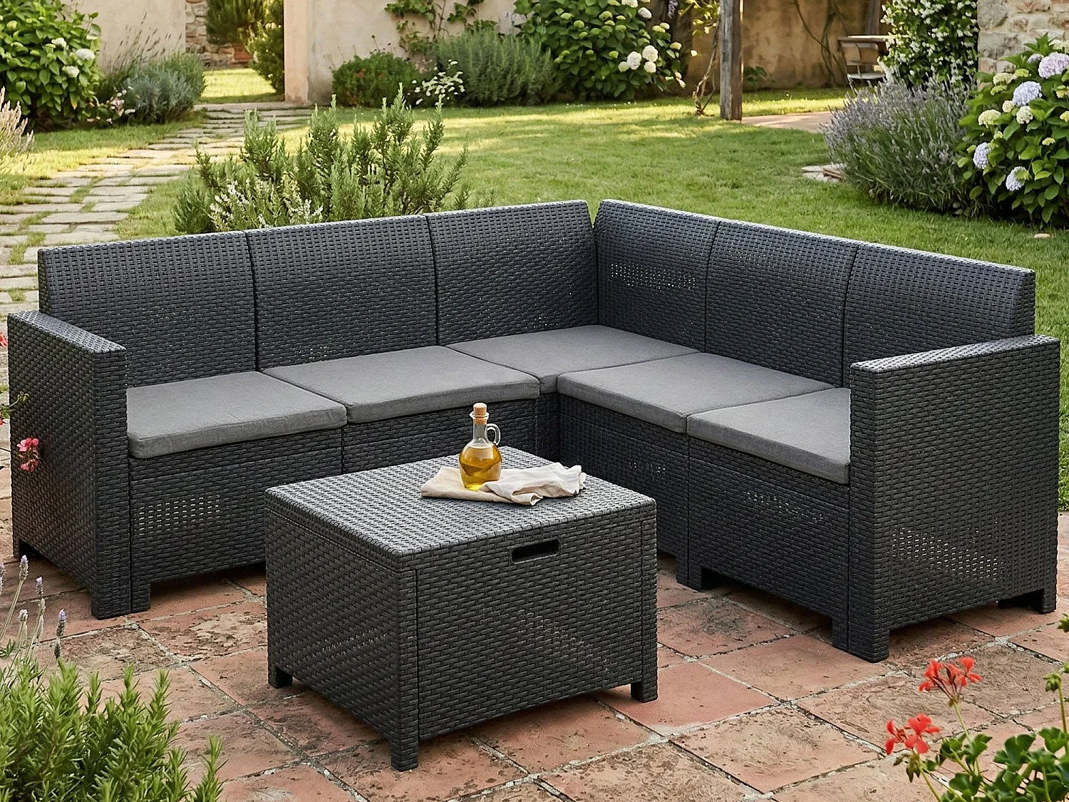 Ensemble de salon d'extérieur Dcorre, Ensemble de jardin avec coussins, Ensemble de salon d'intérieur effet rotin, 100% Made in Italy, Anthracite