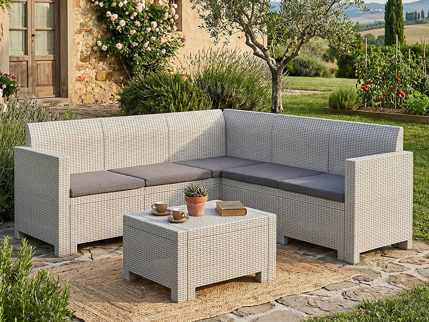 Conjunto de salón exterior Dcorre, Conjunto de jardín con cojines, Conjunto de salón interior efecto ratán, 100% Made in Italy, Blanco