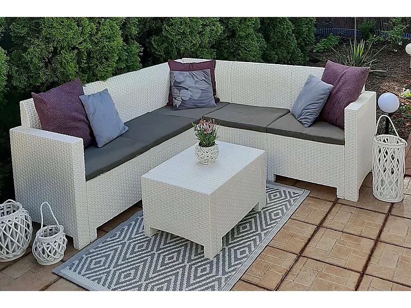 Conjunto de salón exterior Dcorre, Conjunto de jardín con cojines, Conjunto de salón interior efecto ratán, 100% Made in Italy, Blanco