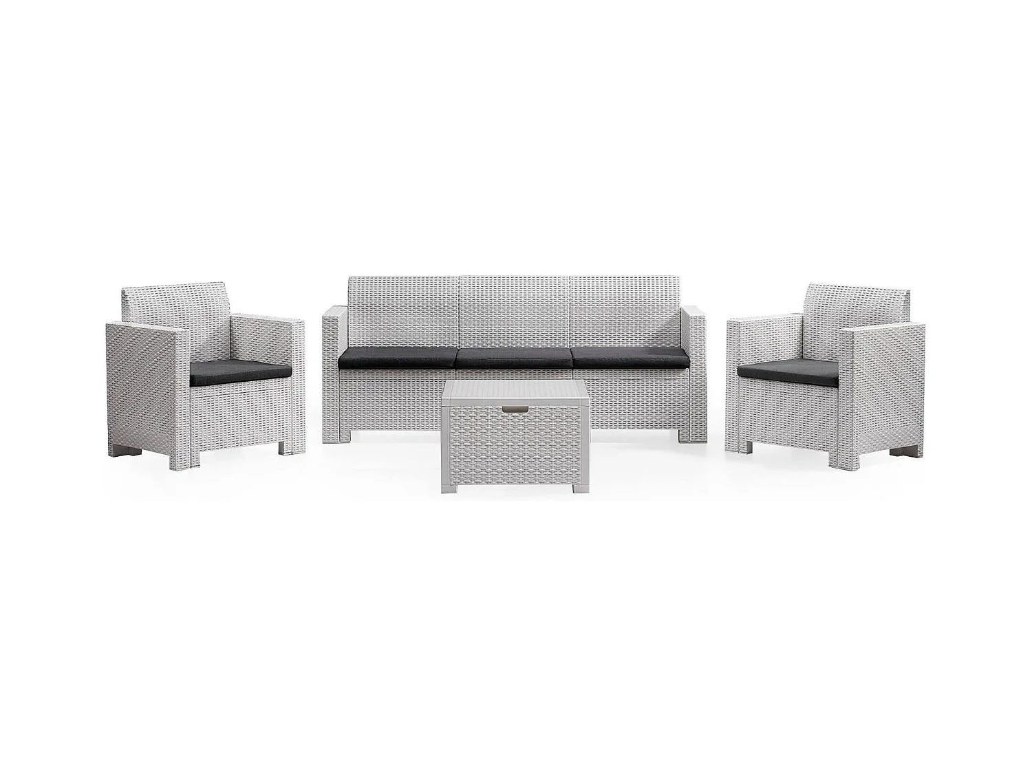 Conjunto de salón exterior Dmuh, Conjunto de jardín con cojines, Zona de estar interior efecto ratán, 100% Made in Italy, Blanco