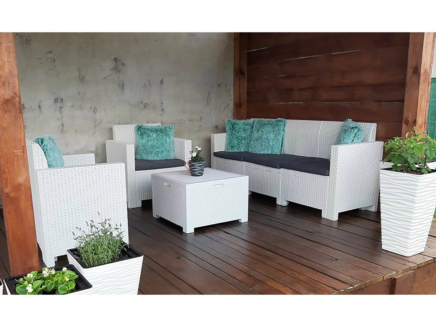 Ensemble de salon d'extérieur Dmuh, Salon de jardin avec coussins, Salon d'intérieur effet rotin, 100% Made in Italy, Blanc