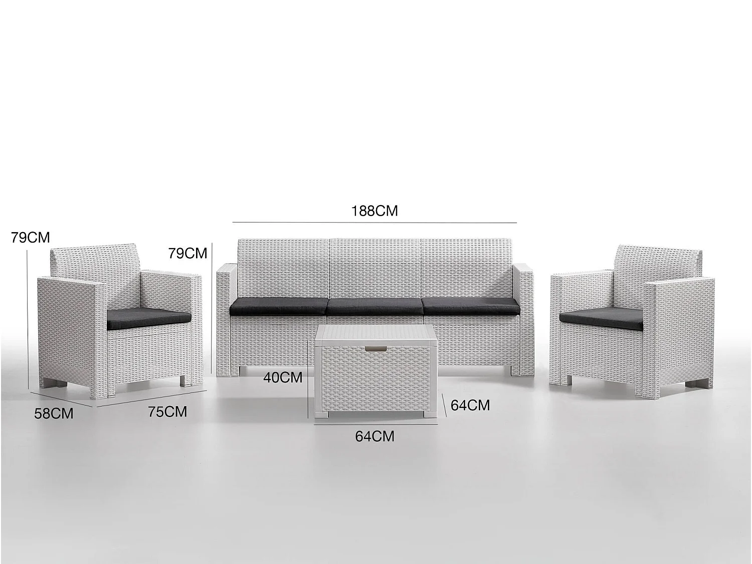 Conjunto de salón exterior Dmuh, Conjunto de jardín con cojines, Zona de estar interior efecto ratán, 100% Made in Italy, Blanco