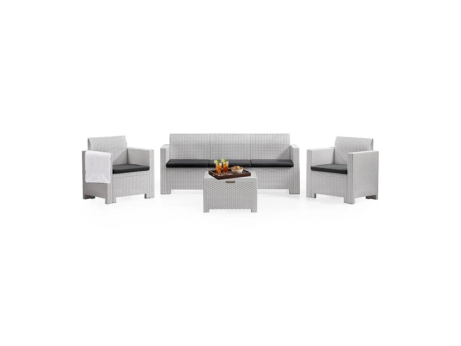 Conjunto de salón exterior Dmuh, Conjunto de jardín con cojines, Zona de estar interior efecto ratán, 100% Made in Italy, Blanco