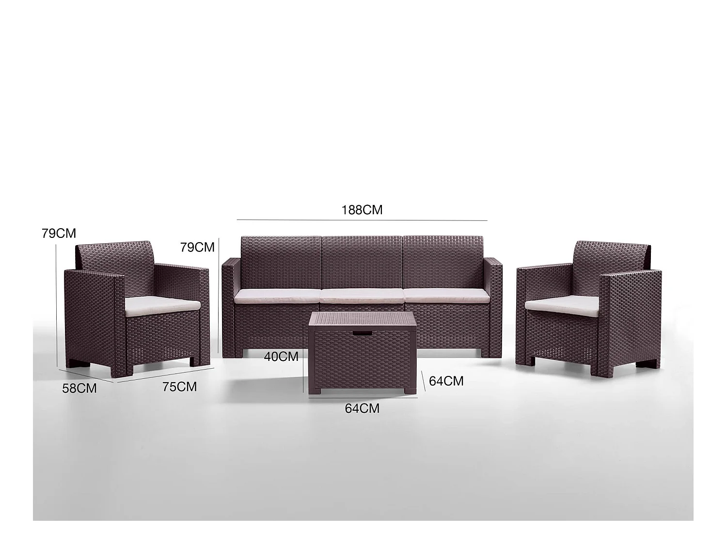 Dmuh buitenloungeset, Tuinset met kussens, Loungeset voor binnen en buiten met rotaneffect, 100% Made in Italy, Bruin