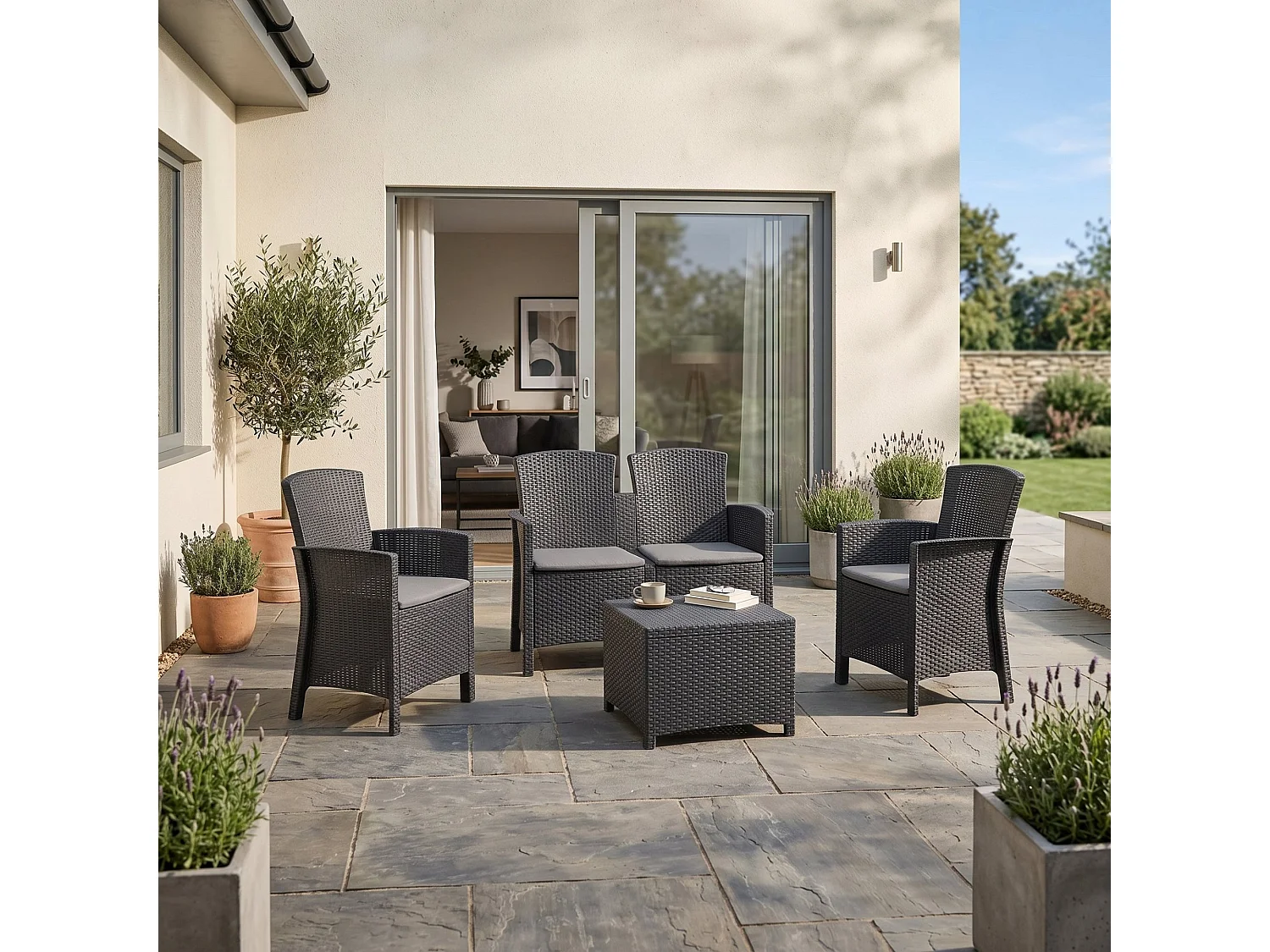 Conjunto de salón exterior Dmorat, Conjunto de jardín con cojines, Conjunto de salón interior efecto ratán, 100% Made in Italy, Antracita