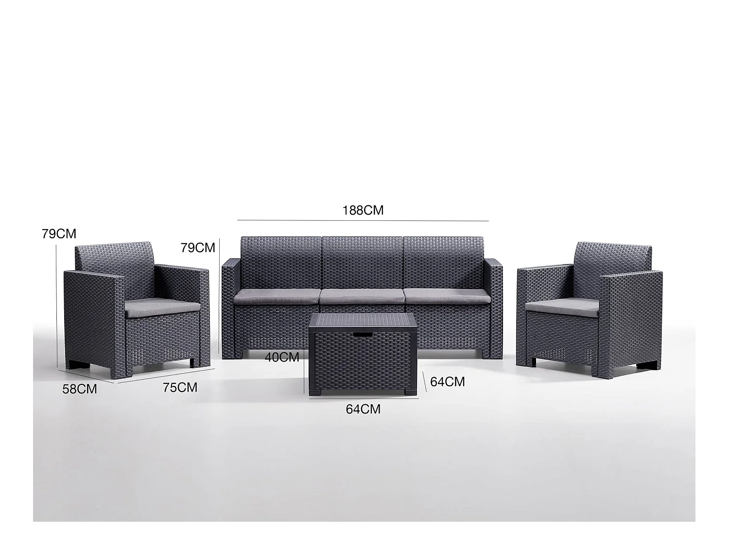 Lounge-Set für den AuÃŸenbereich Dmuh, Gartenmöbel-Set mit Kissen, Sitzbereich für den Innenbereich in Rattan-Optik, 100 % Made in Italy, Anthrazit