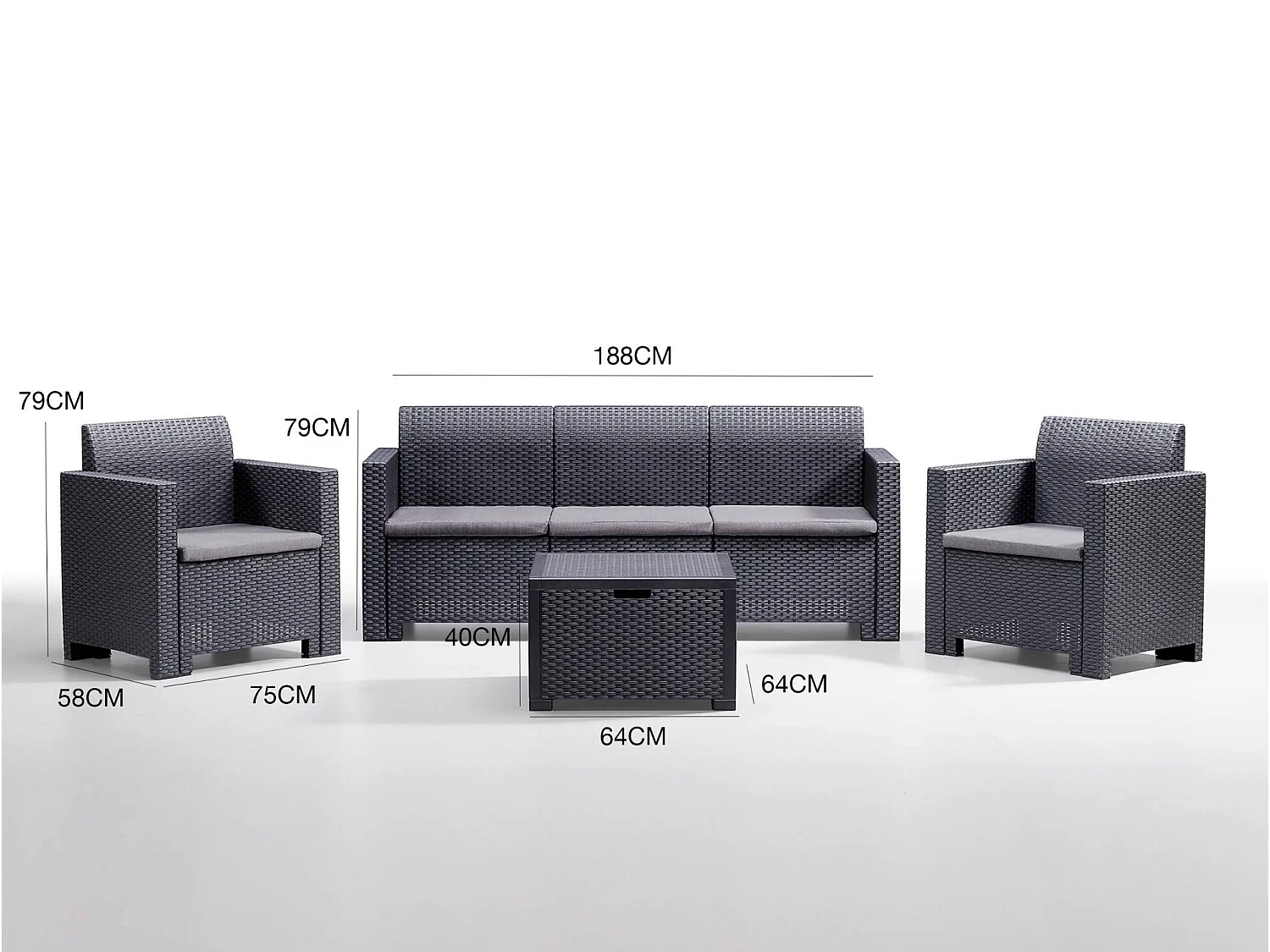 Ensemble de salon d'extérieur Dmuh, Salon de jardin avec coussins, Salon d'intérieur effet rotin, 100% Made in Italy, Anthracite