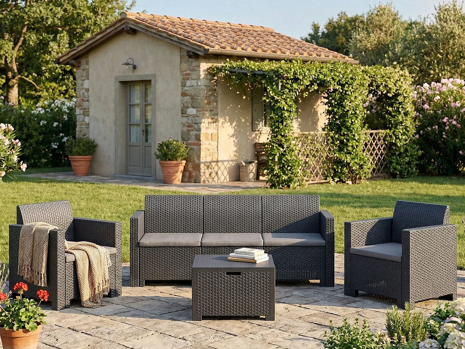 Ensemble de salon d'extérieur Dmuh, Salon de jardin avec coussins, Salon d'intérieur effet rotin, 100% Made in Italy, Anthracite