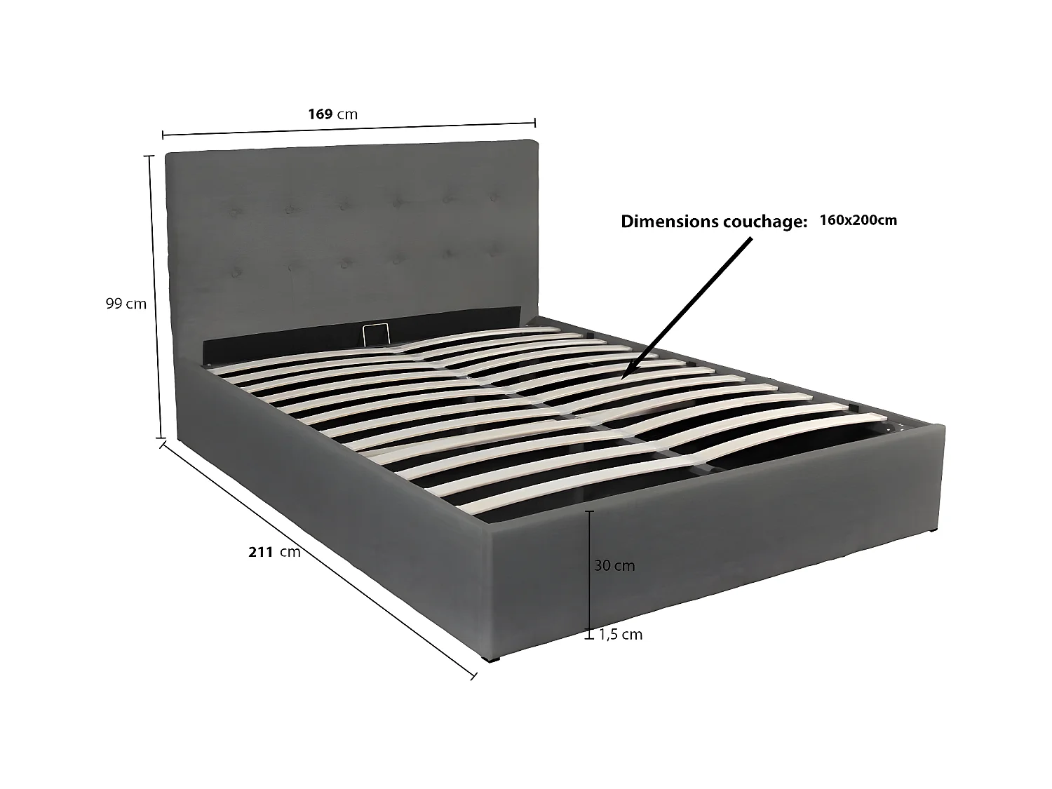 Lit coffre PARMA 160x200 + 1 sommier / Gris foncé