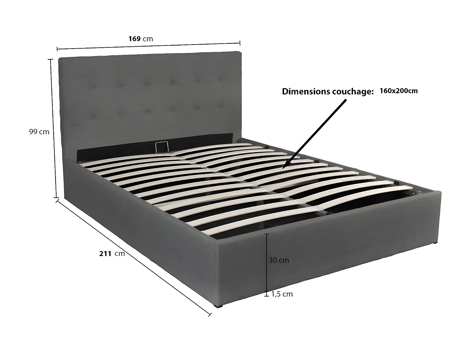 Lit coffre PARMA 160x200 + 1 sommier / Gris foncé