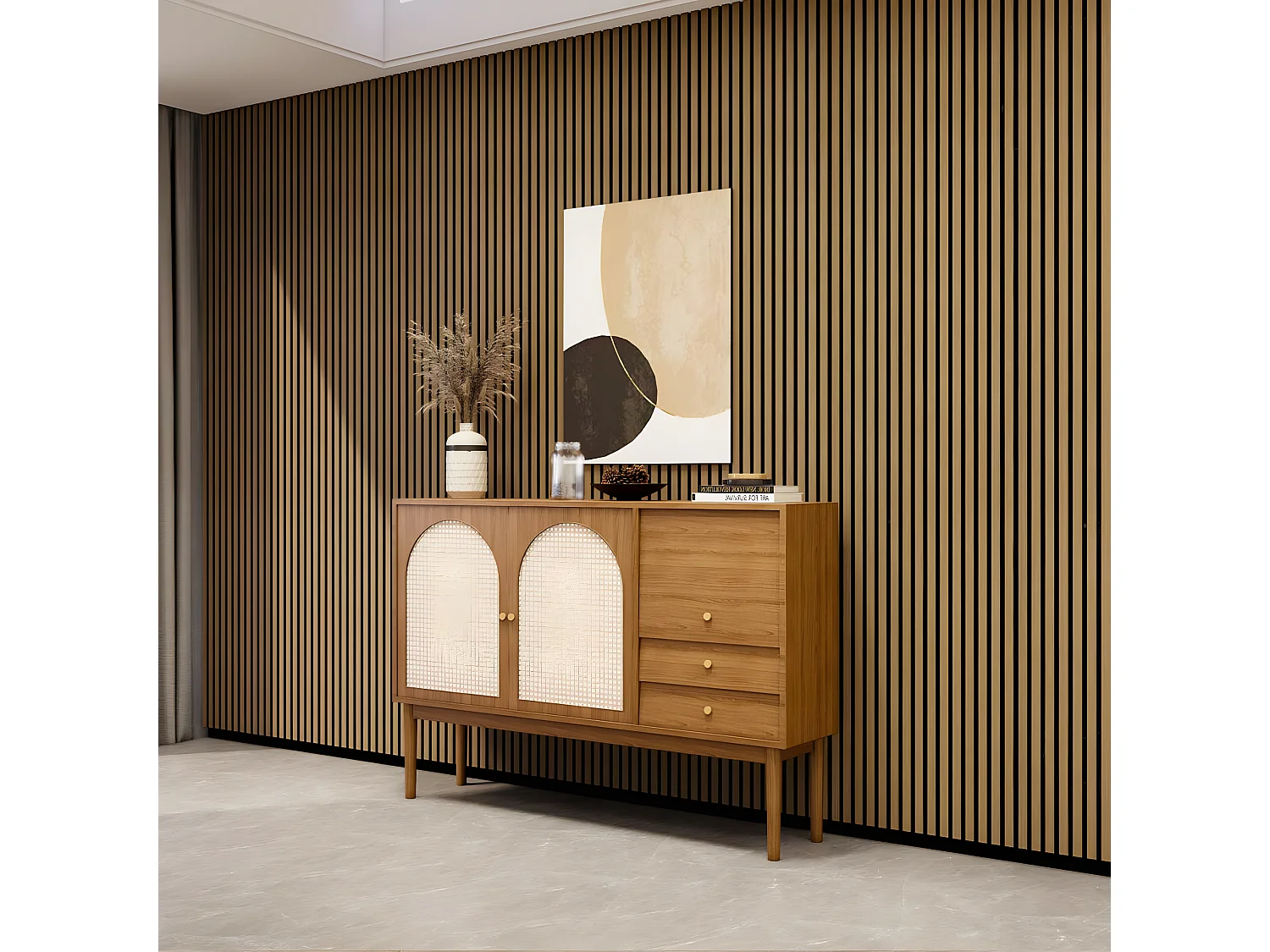 Lot de 4 panneaux muraux acoustiques tasseaux bois LOUIS 240x60 cm / 5,76 m2 - chêne clair