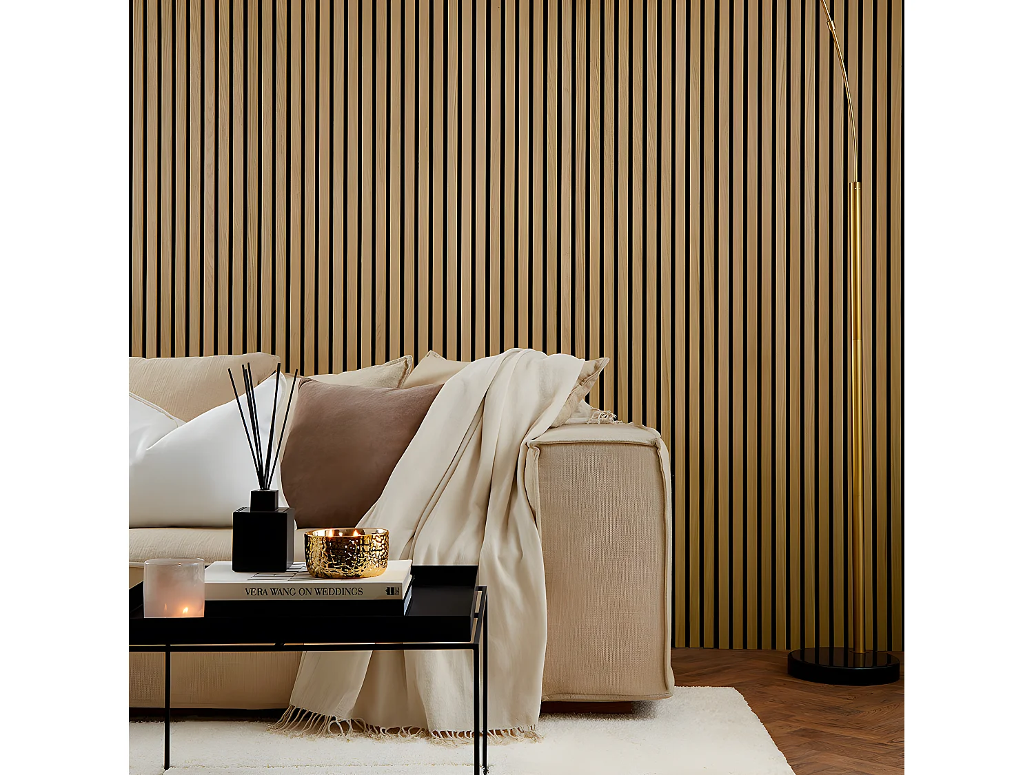 Lot de 4 panneaux muraux acoustiques tasseaux bois LOUIS 240x60 cm / 5,76 m2 - chêne clair