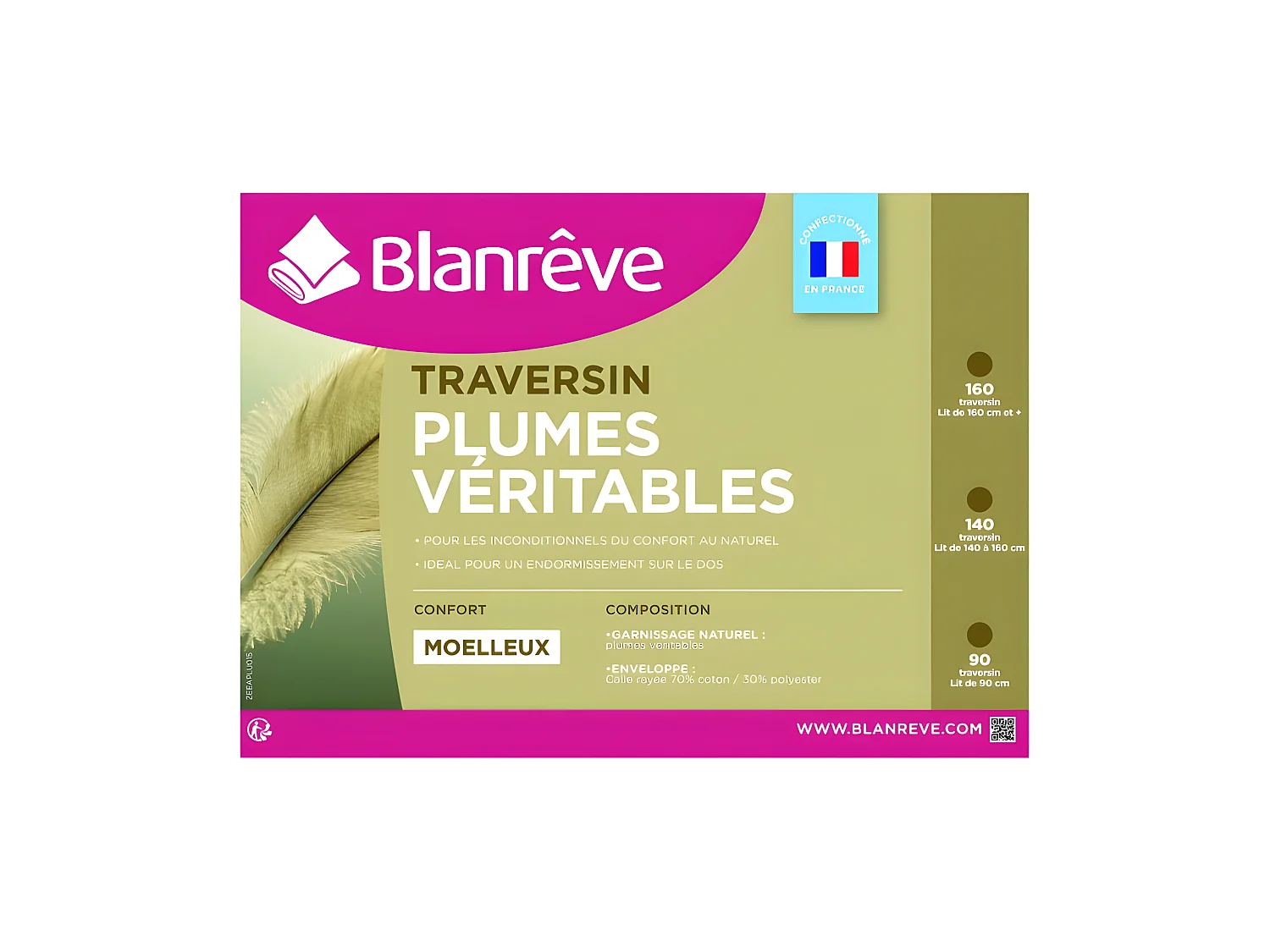 Polochon plumes véritables pour lit 90 "Blanrêve" confort moelleux