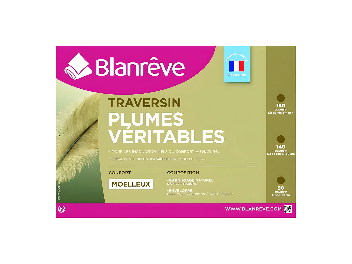 Polochon plumes véritables pour lit 90 "Blanrêve" confort moelleux