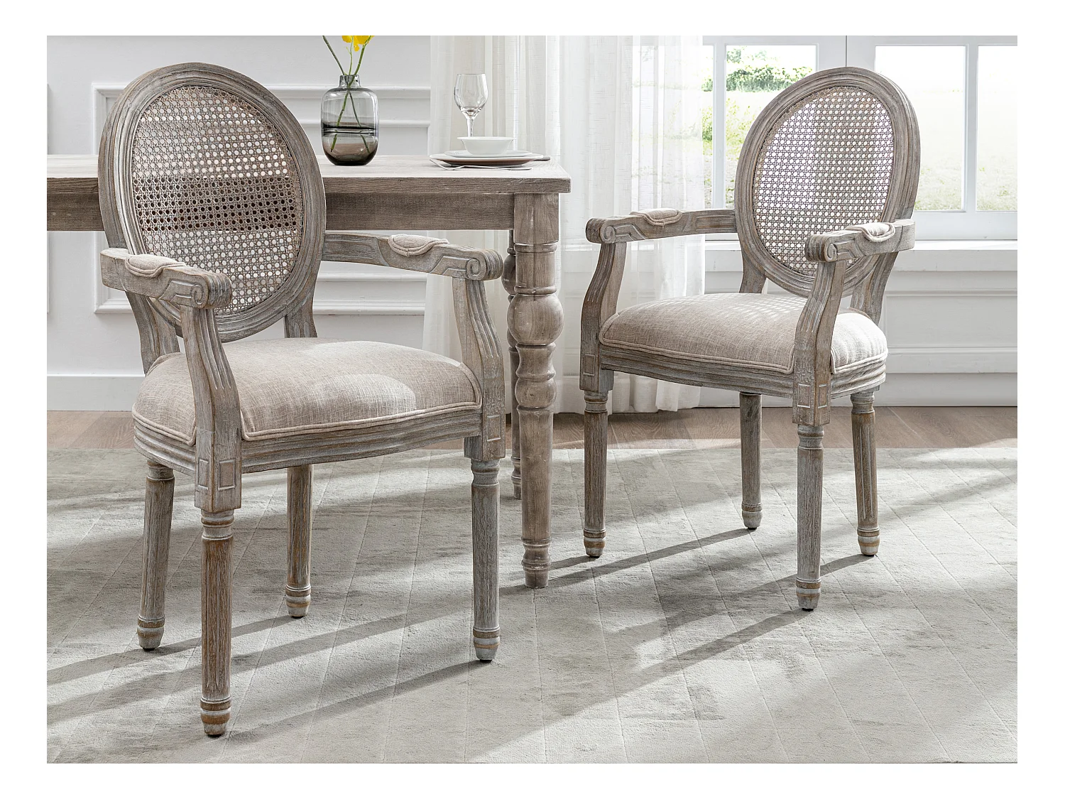 Lot de 6 chaises avec accoudoirs - Cannage, tissu et bois d'hévéa - Beige - ANTOINETTE