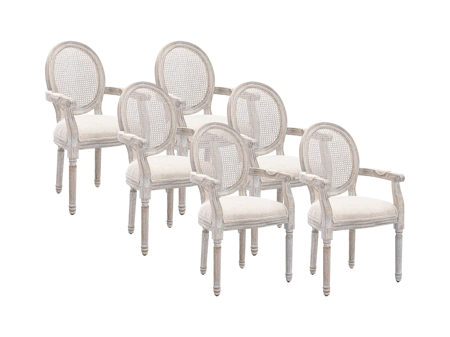Lot de 6 chaises avec accoudoirs - Cannage, tissu et bois d'hévéa - Beige - ANTOINETTE