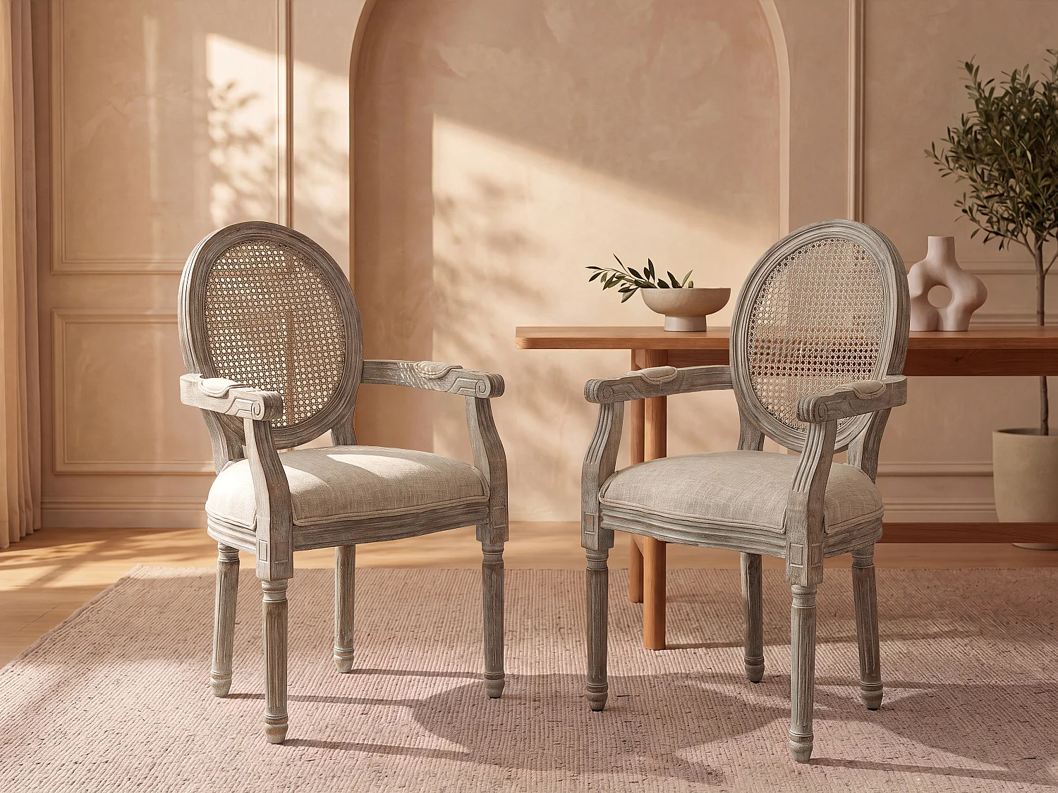 Lot de 6 chaises avec accoudoirs - Cannage, tissu et bois d'hévéa - Beige - ANTOINETTE