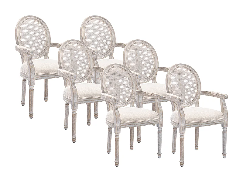 Lot de 6 chaises avec accoudoirs - Cannage, tissu et bois d'hévéa - Beige - ANTOINETTE