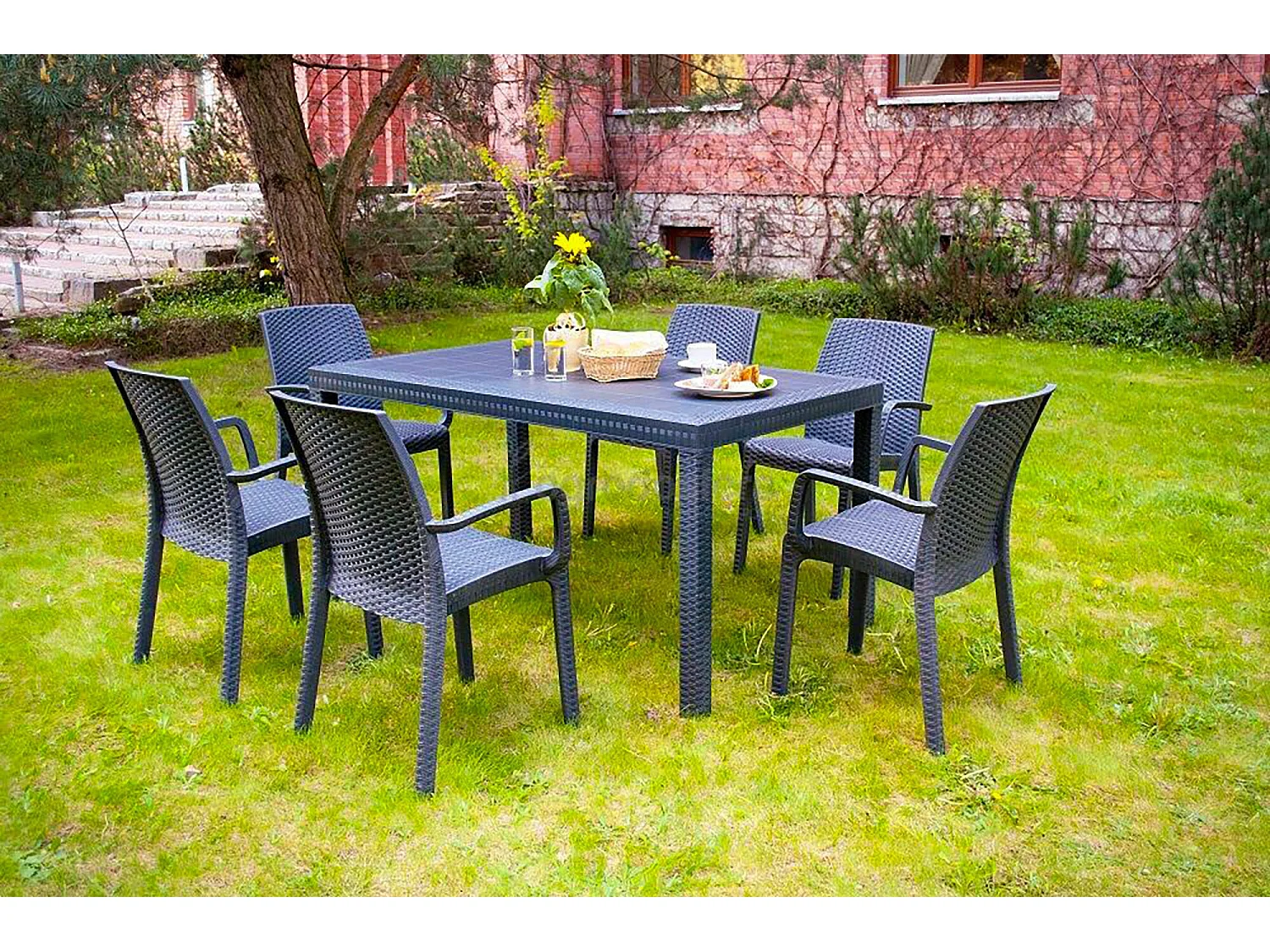 Table d'extérieur Debueh, Etagère de jardin rectangulaire, Table de jardin polyvalente effet rotin, 100% Made in Italy, 150x90h74 cm, Anthracite