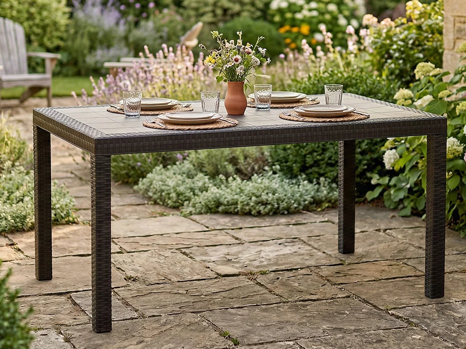 Debueh buitentafel, rechthoekige tuintafel, multifunctionele tuintafel met rotaneffect, 100% gemaakt in Italië, 150x90h74 cm, antraciet