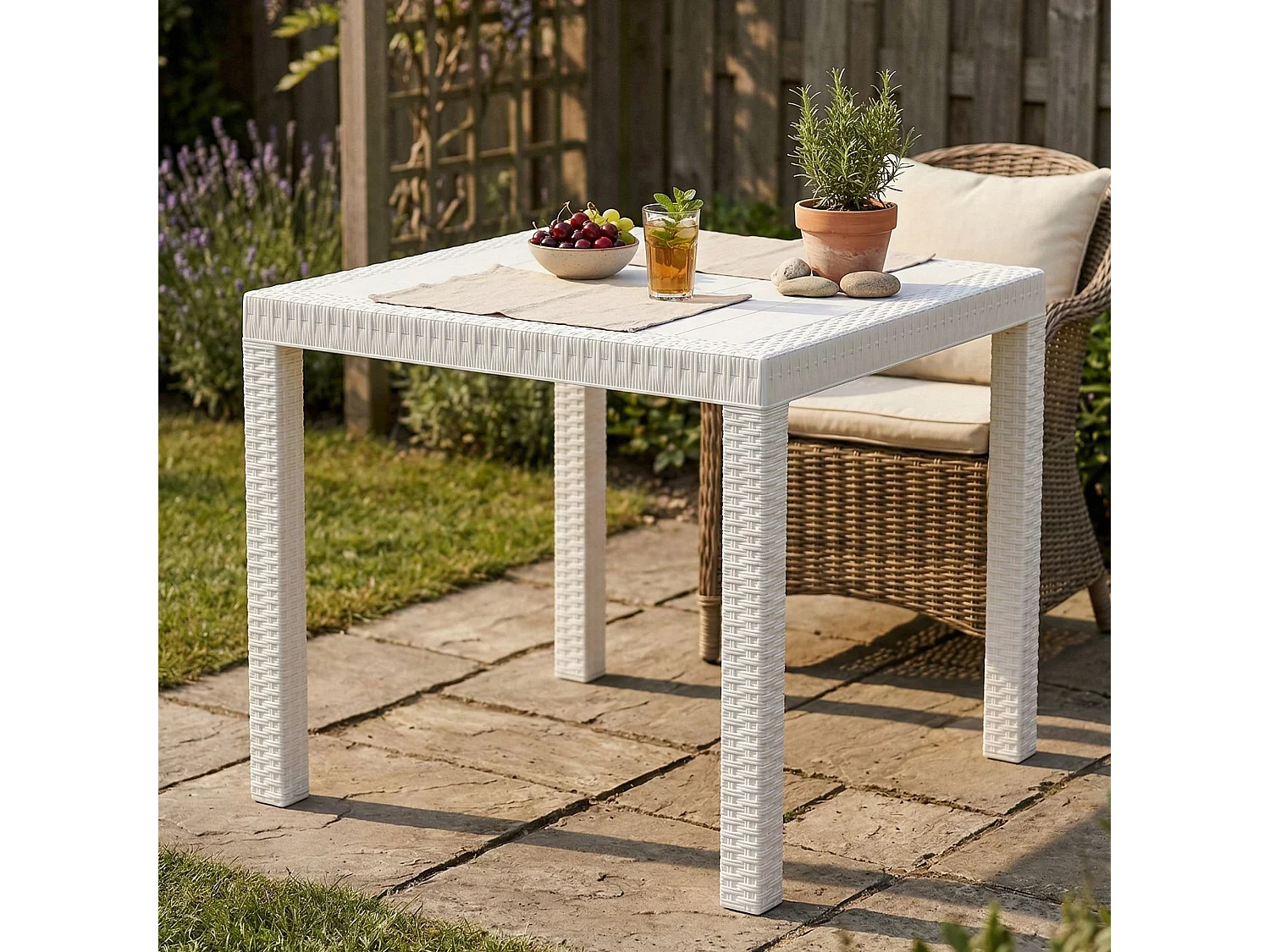 Dguidon buitentafel, Vaste vierkante tafel, Multifunctionele tuintafel met rotaneffect, 100% Made in Italy, 80x80h74 cm, Wit