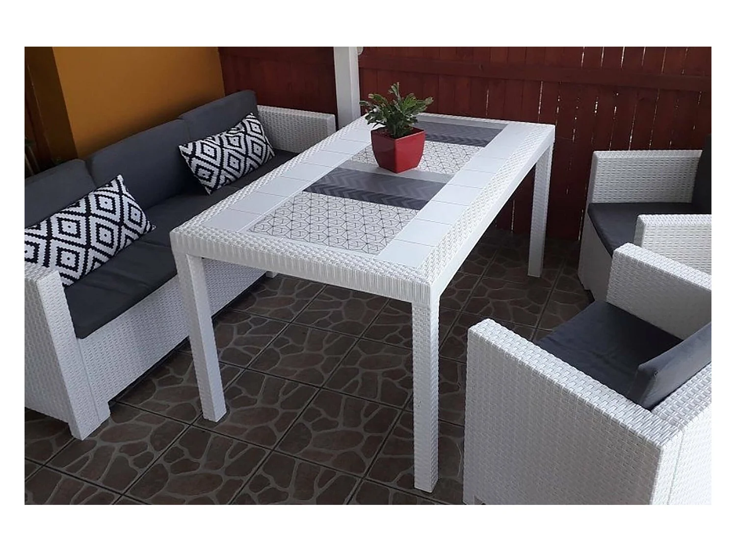 Mesa de exterior Debueh, Mesa de jardín rectangular, Mesa de jardín multiusos efecto ratán, 100% Made in Italy, 150x90h74 cm, Blanco