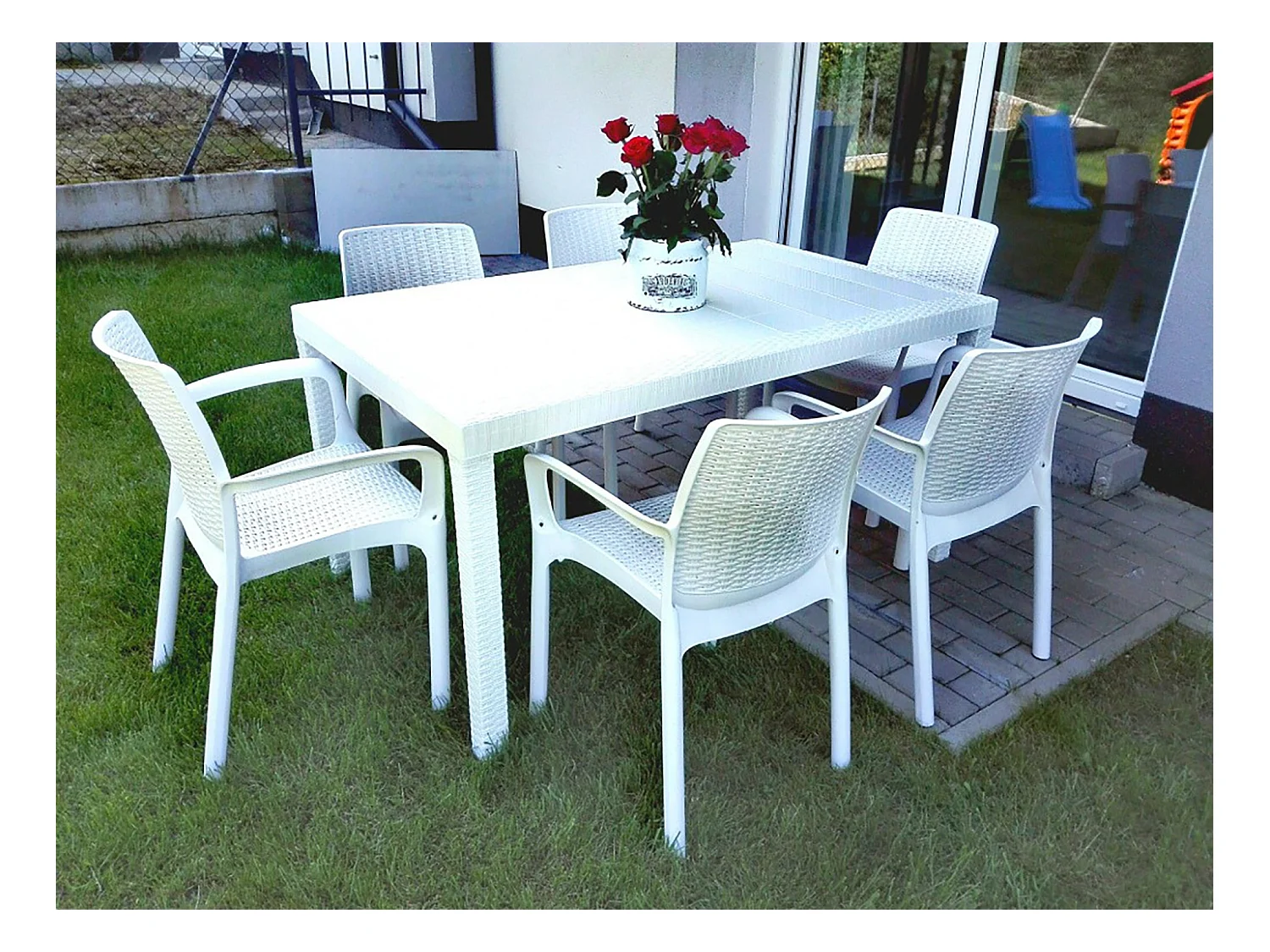 Table d'extérieur Debueh, Table de jardin rectangulaire, Table de jardin polyvalente effet rotin, 100% Made in Italy, 150x90h74 cm, Blanc