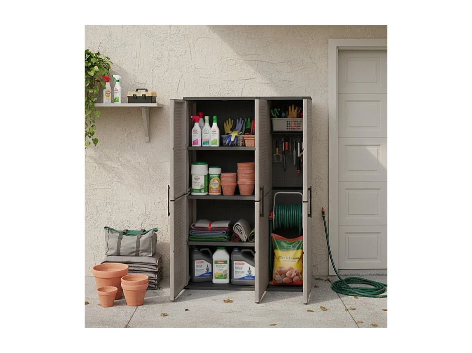 Bezemkast voor binnen of buiten, kast met 3 deuren en 3 verstelbare planken in polypropyleen, 100% Made in Italy, 102x37h163 cm, grijze kleur