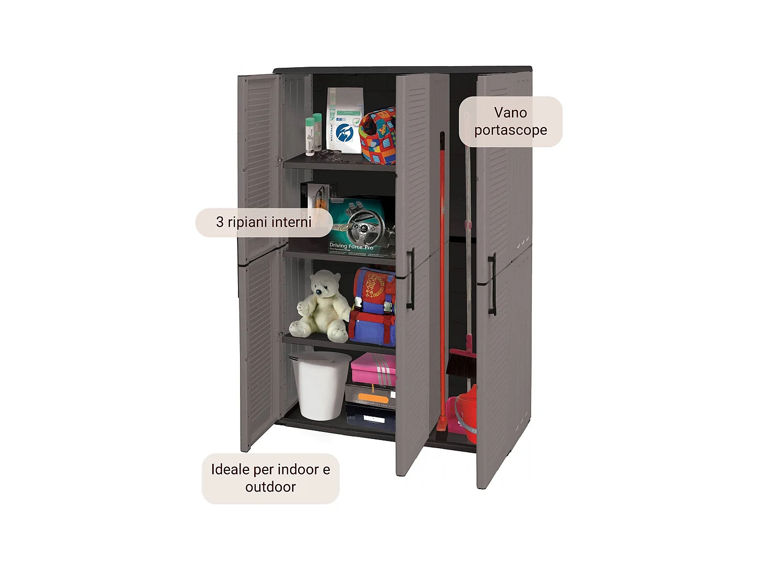 Armoire extérieure ou intérieure, 3 portes et 3 niveaux en polypropylène ajustables, 100% fabriqués en Itala, 102x37h163 cm, couleur grise