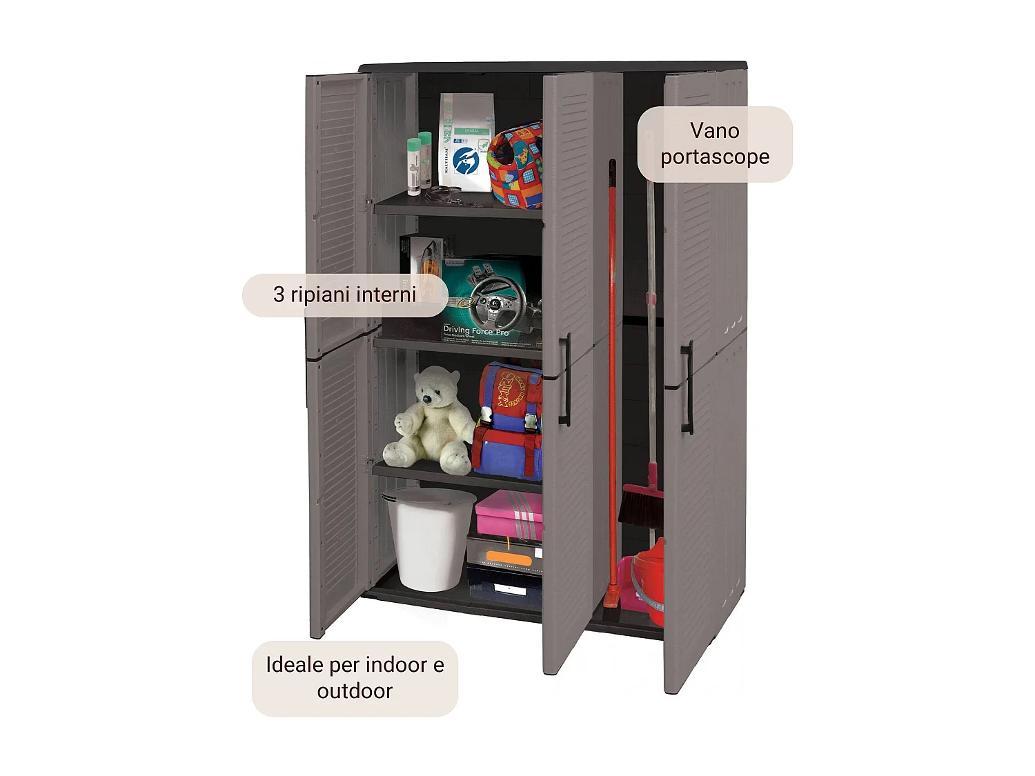 Armario exterior o interior, 3 puertas y 3 estantes de polipropileno ajustables, 100% Made in Italy, 102x37h163 cm, color gris