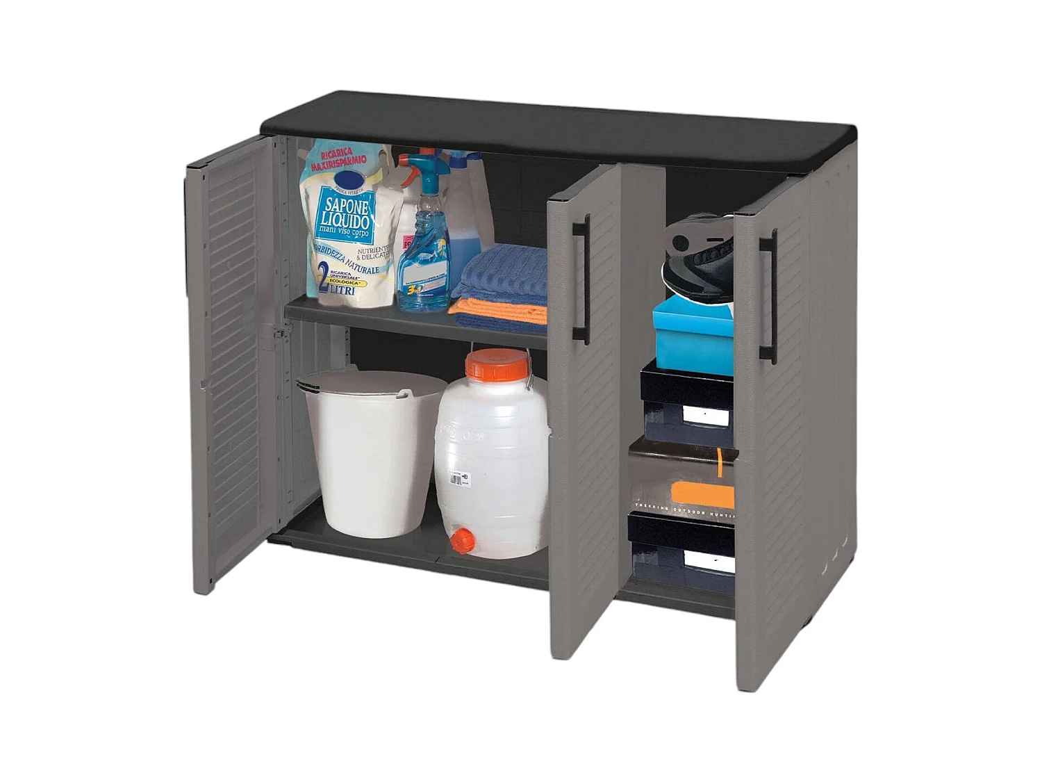 Mehrzweck Außen oder Innenwechselschrank, 3 türiges Mobile und 1 Polypropylen Regal, 100% Made in Italy, 102x37H84 cm, graue Farbe