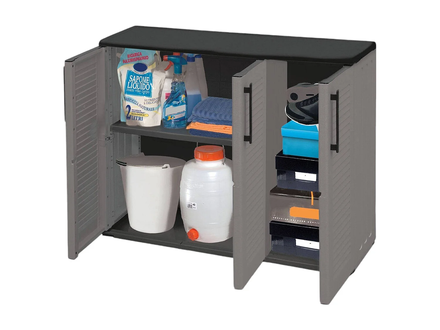 Multifunctionele kledingkast voor binnen of buiten, kast met 3 deuren en 1 plank in polypropyleen, 100% Made in Italy, 102x37h84 cm, grijze kleur