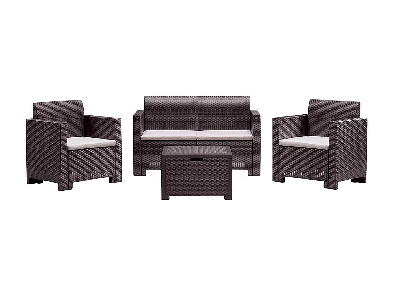 Conjunto de salón exterior Dmotto, Conjunto de jardín con cojines, Conjunto de salón interior efecto ratán, 100% Made in Italy, Marrón