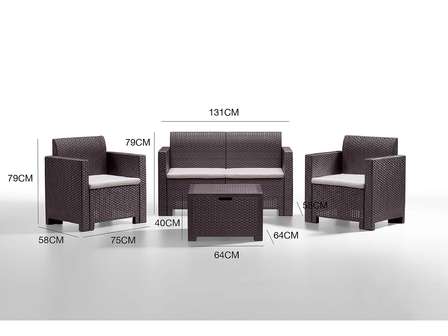 Ensemble de salon d'extérieur Dmotto, Ensemble de jardin avec coussins, Ensemble de salon d'intérieur effet rotin, 100% Made in Italy, Marron