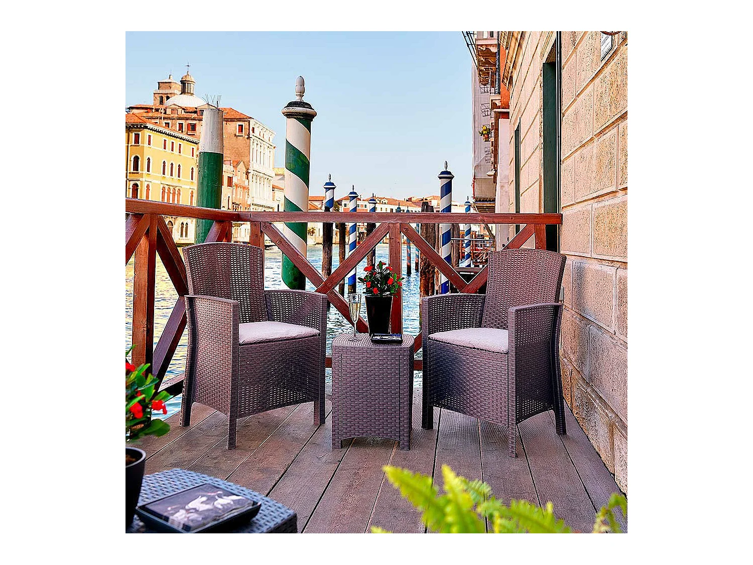 Dfre loungeset voor buiten, Tuinset met kussens, Loungeset voor binnen en buiten met rotaneffect, 100% Made in Italy, Bruin