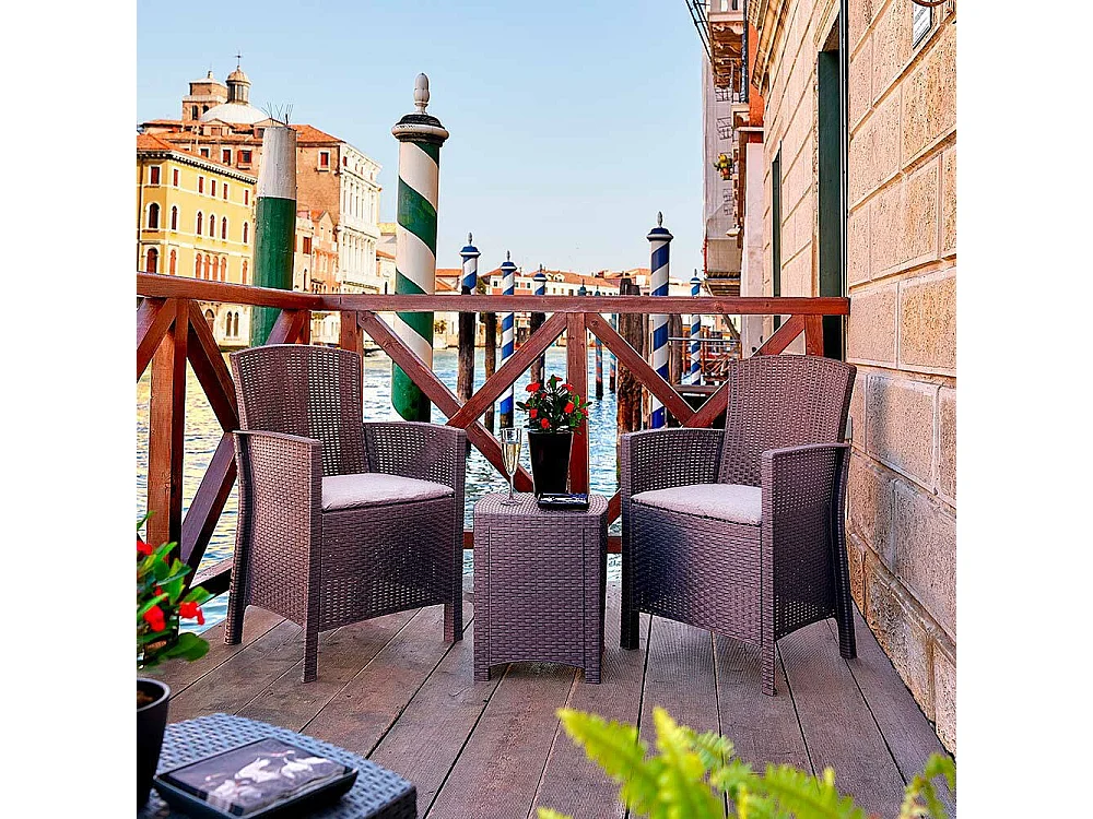 Enemble de alon d'extérieur Dfre, Enemble de jardin avec couin, Enemble de alon d'intérieur effet rotin, 100% Made in Italy, Marron