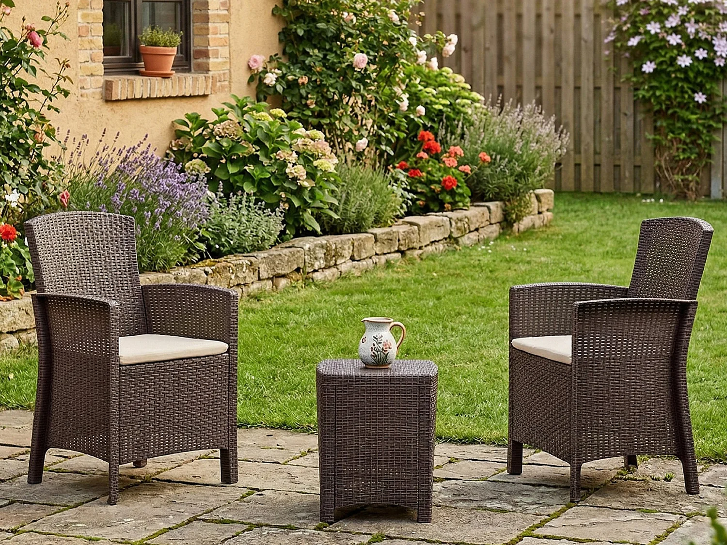 Ensemble de salon d'extérieur Dfre, Ensemble de jardin avec coussins, Ensemble de salon d'intérieur effet rotin, 100% Made in Italy, Marron
