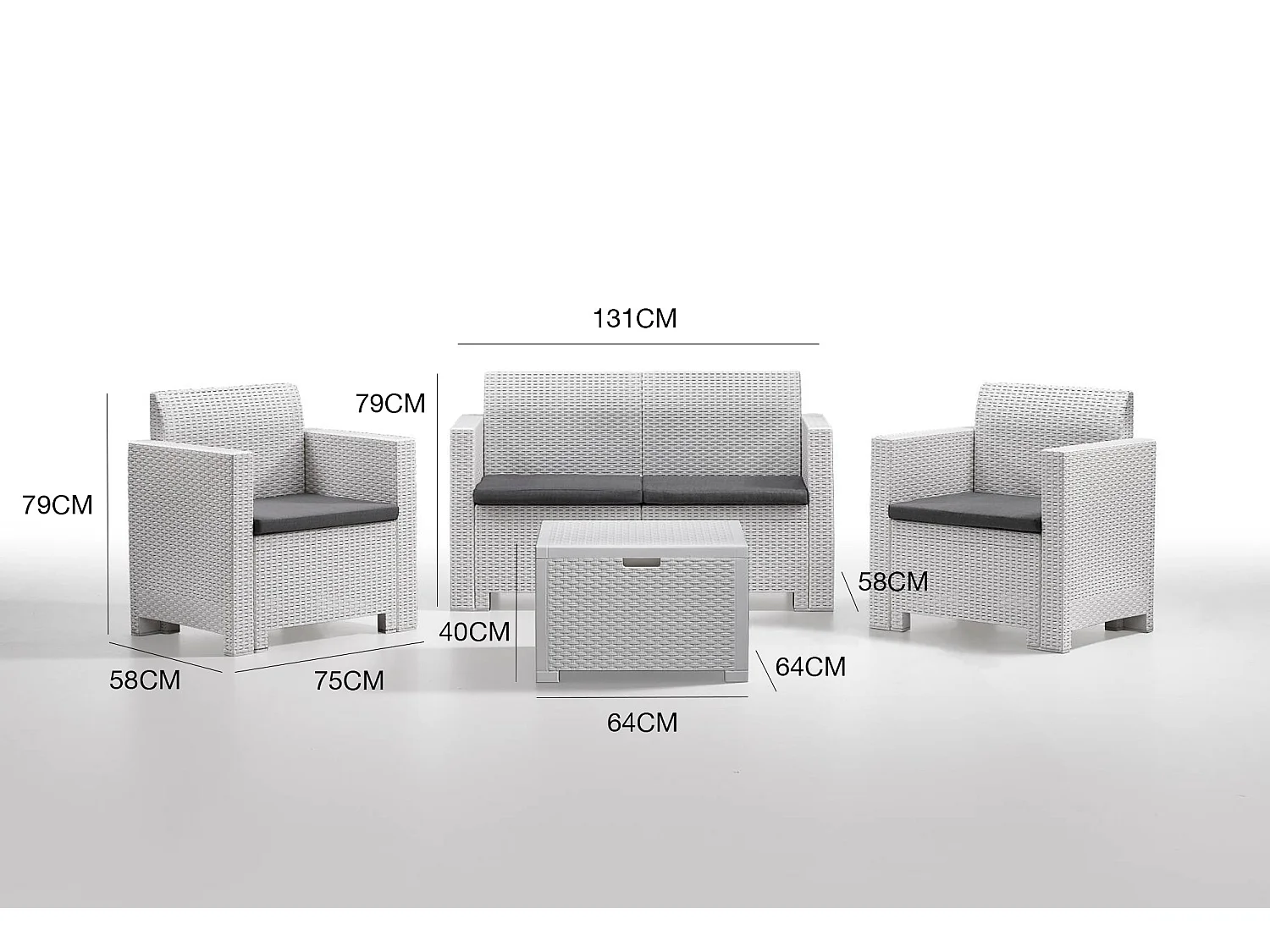 Ensemble de salon d'extérieur Dmotto, Salon de jardin avec coussins, Salon d'intérieur effet rotin, 100% Made in Italy, Blanc