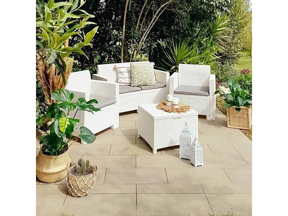 Ensemble de salon d'extérieur Dmotto, Salon de jardin avec coussins, Salon d'intérieur effet rotin, 100% Made in Italy, Blanc