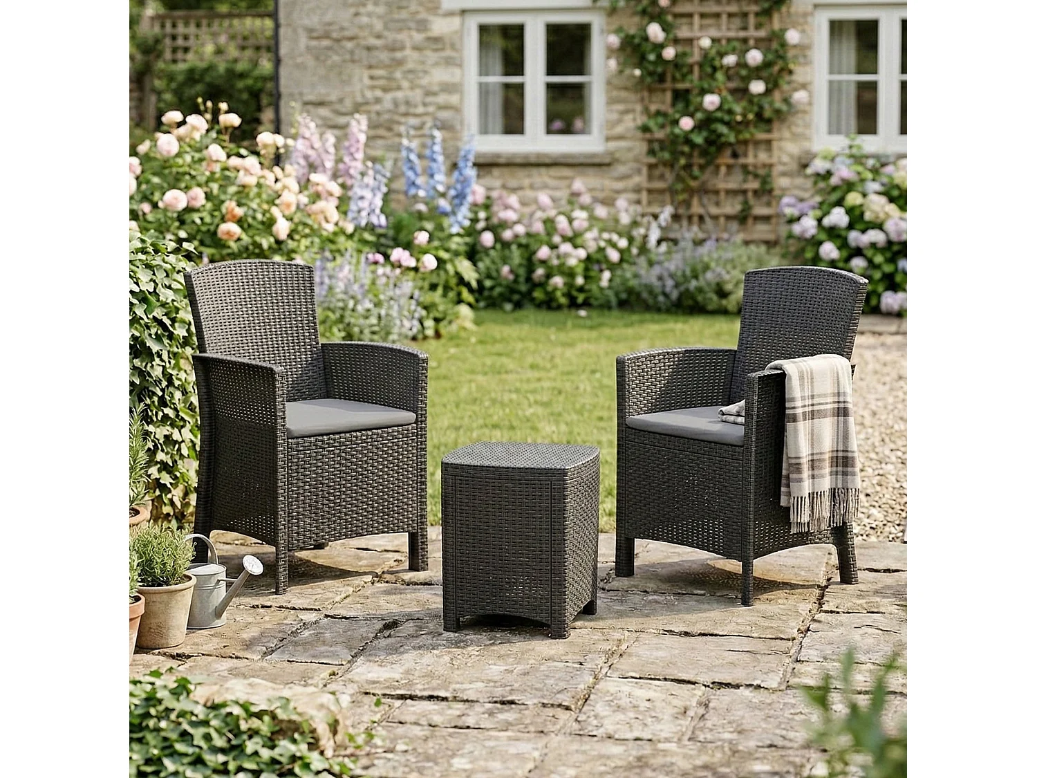 Ensemble de salon d'extérieur Dfre, Ensemble de jardin avec coussins, Ensemble de salon d'intérieur effet rotin, 100% Made in Italy, Anthracite