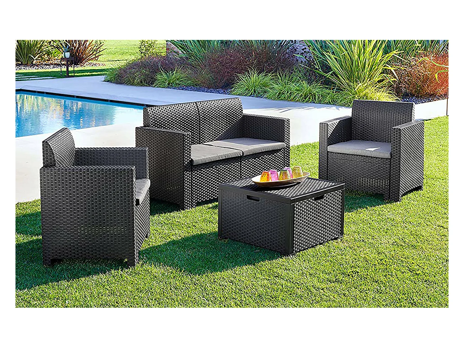 Lounge-Set für den AuÃŸenbereich Dmotto, Garten-Set mit Kissen, Lounge-Set für den Innenbereich in Rattan-Optik, 100 % Made in Italy, Anthrazit