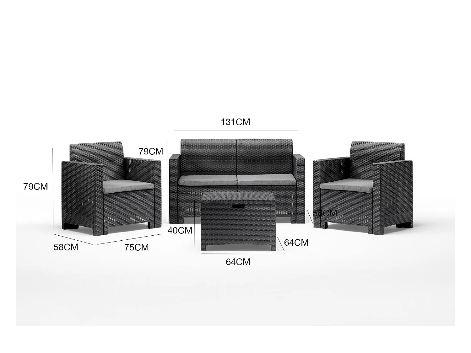 Lounge-Set für den AuÃŸenbereich Dmotto, Garten-Set mit Kissen, Lounge-Set für den Innenbereich in Rattan-Optik, 100 % Made in Italy, Anthrazit